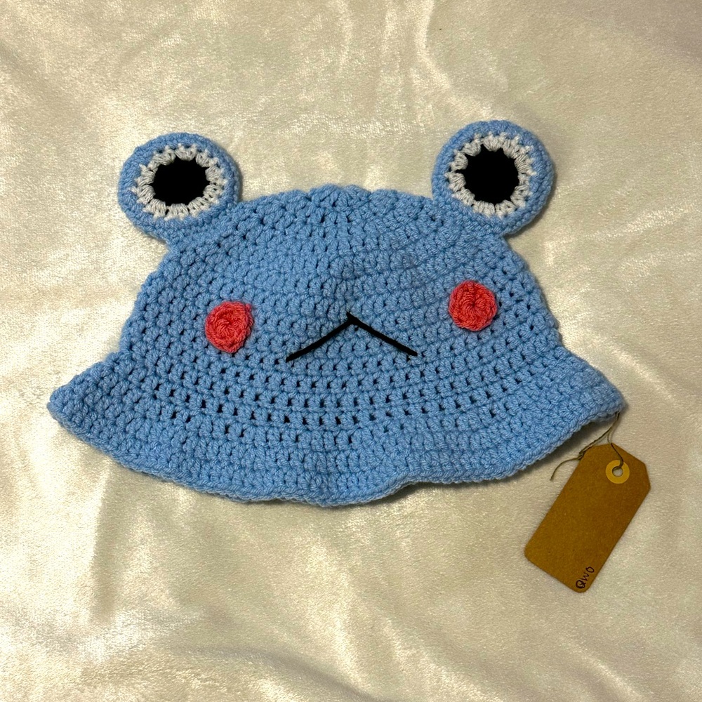 Handmade crochet blue froggy bucket hat